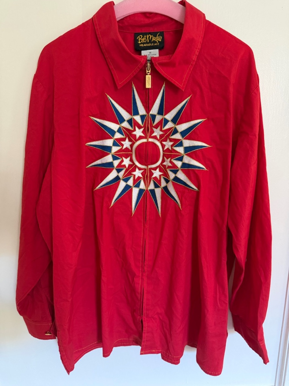 Bob Mackey Wearable Art 1X  Zip-Front Shirt with Starburst Embroidery vintage
